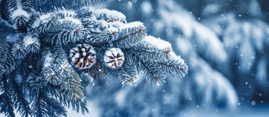 White winter Christmas tree with festive silver ornaments and blue decorations under a December snowfall