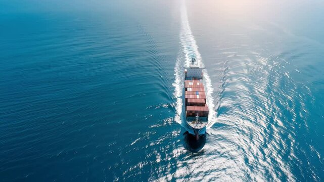 An aerial perspective captures a container ship sailing across a deep blue ocean, leaving a distinct white wake behind it.