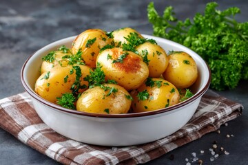 Young potatoes with parsley lying in white bowl