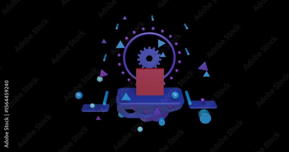 Poster red rectangle on a pedestal of abstract geometric shapes floating in the air. abstract concept art w