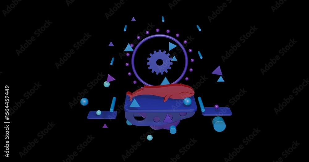 Aufkleber red whale symbol on a pedestal of abstract geometric shapes floating in the air. abstract concept ar