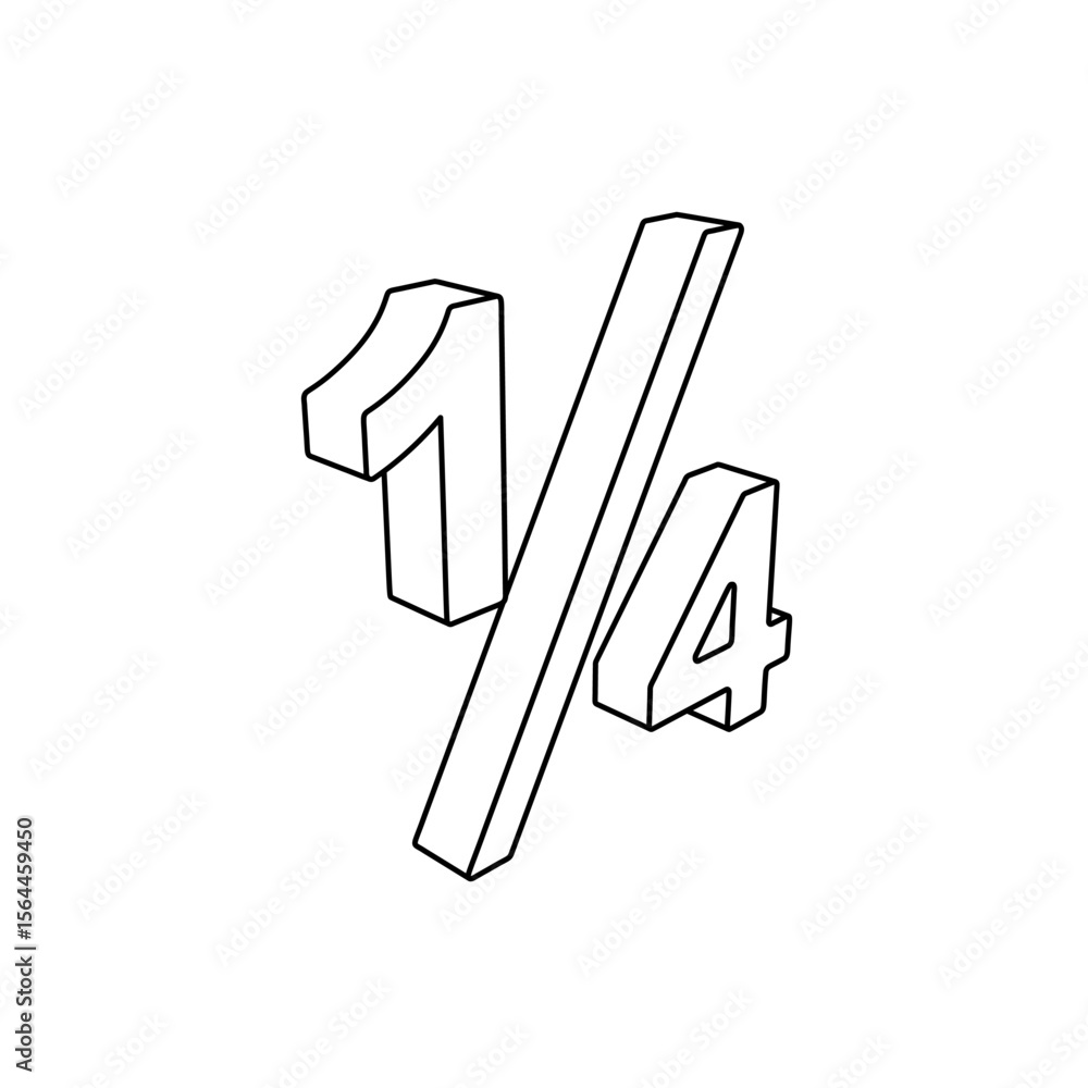 Poster the outline of a large quarter fraction symbol is made with black lines. 3d view of the object in pe