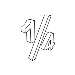 The outline of a large quarter fraction symbol is made with black lines. 3D view of the object in perspective. Vector illustration on white background