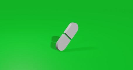 Isolated realistic white medical capsule symbol front view with shadow. 3d illustration on green chroma key background