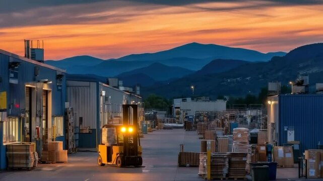 Forklift at Industrial Warehouse Yard with Mountains and Sunset View