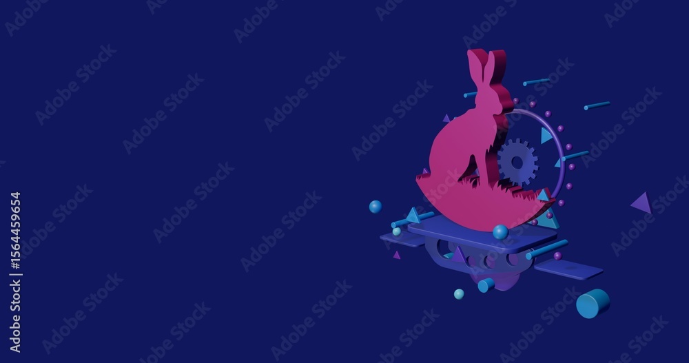 Poster pink hare symbol on a pedestal of abstract geometric shapes floating in the air. abstract concept ar