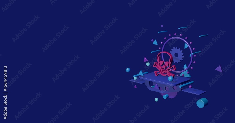 Poster pink skull on a pedestal of abstract geometric shapes floating in the air. abstract concept art with