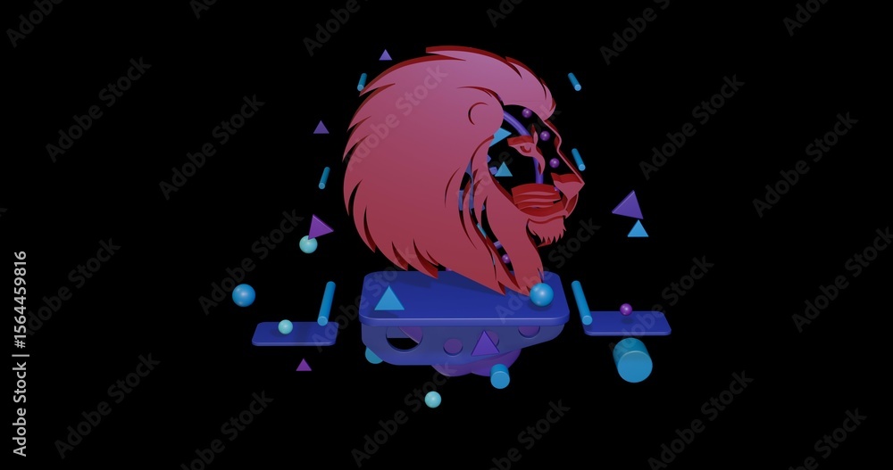 Poster red lion head icon on a pedestal of abstract geometric shapes floating in the air. abstract concept 