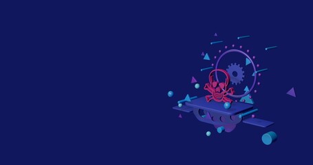 Pink skull on a pedestal of abstract geometric shapes floating in the air. Abstract concept art with flying shapes on the right. 3d illustration on indigo background