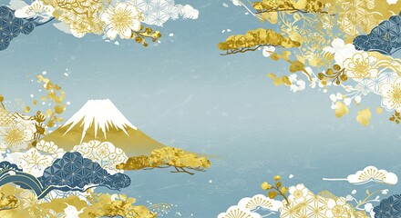 Ornate japanese-inspired mountain scene with gold accents and floral motifs.