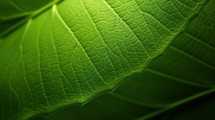 Green leaf macro reveals a fresh, vibrant nature pattern with intricate vein details, showcasing the organic beauty of plant foliage