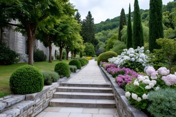 Stone paved path going up through colorful hydrangeas and boxwood topiary in a peaceful garden