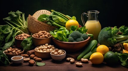 Freshly harvested fruits and vegetables in a basket, a vibrant still life of healthy, organic ingredients like red apples, green peppers, and ripe tomatoes