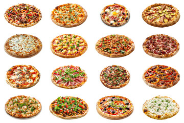 Assorted pizzas overhead shot on transparent background