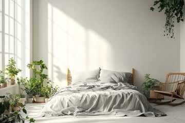 Bright room featuring a wooden bed covered with grey bedding. Nordic interior design of a modern bedroom with many green houseplants, Generative AI