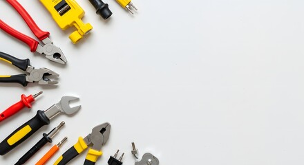 electrician equipment on white background with copy space. top view