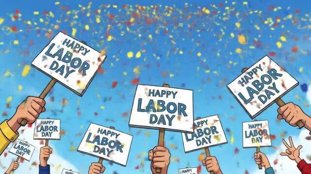 Happy Labor Day Celebration with Cartoon Hands Holding Signs in Festive Background