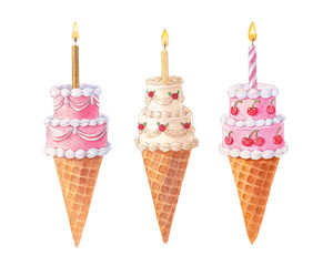 Trendy Watercolor Birthday Bento Ice Cream Cone Cakes with Candles. Set of Vintage Aesthetic Coquettish Mini Desserts with Cherry and Roses