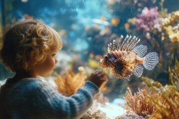 Young child watching colorful lionfish in aquarium, fascinated by marine life and vibrant underwater ecosystem, exploring nature's beauty through glass barrier.