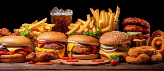 Christmas cookies with nuts and mushrooms on a black background, with a side of delicious cheeseburger and french fries