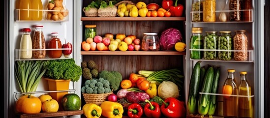 Fresh fruits and vegetables are beautifully arranged on a vibrant market stall, offering a healthy and colorful organic produce selection