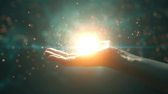 A glowing orb of light with radiating particles hovers above an outstretched hand, symbolizing creation, innovation, or a divine connection.