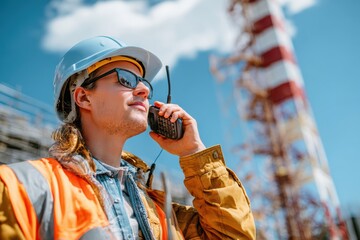 Young Construction Worker Wearing Safety Gear and Communicating on Radio at Industrial Site under Blue Sky and Puff Clouds