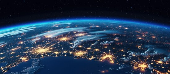Blue Planet Earth: A global view from space, bathed in the light of the sun with stars and an ocean atmosphere