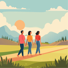 Stylized landscape with humans walking barefoot on grass, practicing mindfulness and connecting with nature