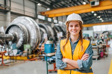 Young Female Engineer Standing Confidently in Factory with Industrial Turbines in Background, Wearing Safety Helmet and Vest, Smiling with Professional Pride