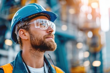 Young male construction worker wearing protective gear and safety glasses, looking thoughtfully at a construction site in bright sunlight, symbolizing dedication and safety in the industry