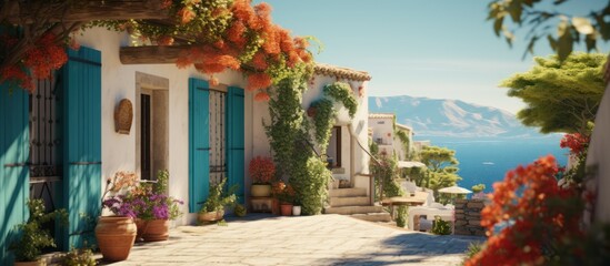 Colorful Mediterranean houses and buildings create a vibrant townscape under a summer sky on the island of Santorini, Greece