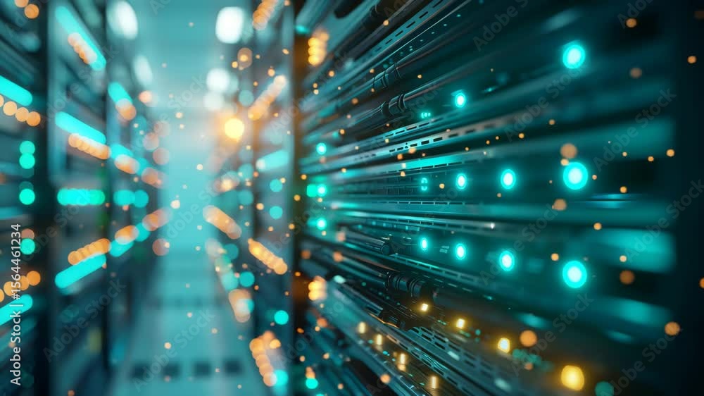 Poster a server room is depicted with glowing blue and orange lights indicating active data processing and 