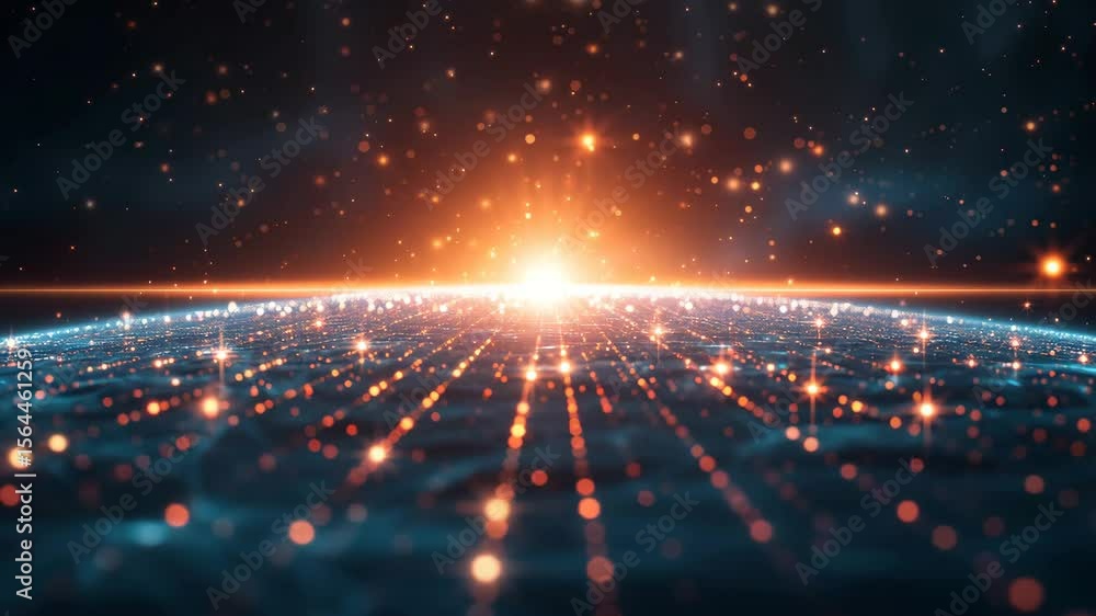 Poster an abstract digital landscape features a glowing orange horizon with countless light particles radia