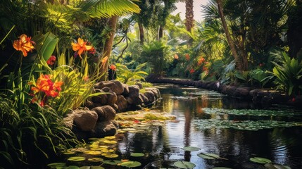 Ducks in a wild pond reflect the surrounding nature, where trees and plants line the serene water of this tropical landscape