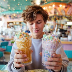 Young Man Enjoys Colorful Milkshakes in Vibrant Retro Diner Setting with Festive Decor, Capturing Joy and Indulgence in Food Culture
