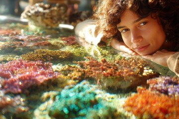 Young person observing colorful coral reef ecosystem in aquarium, showcasing marine biodiversity and vibrant underwater life in natural habitat.