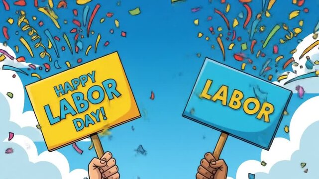 Happy Labor Day Celebration with Festive Confetti and Diverse Hands Holding Signs