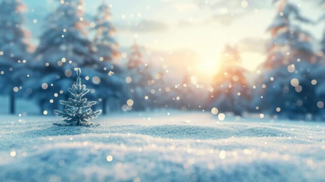 A tranquil winter scene showcases a small snow-covered pine tree with gentle snowfall and a warm sunset glow in the background.