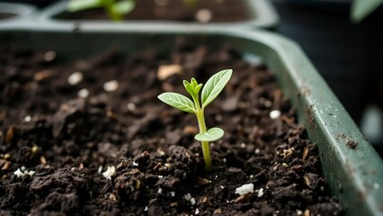 Green Seedling Growing in Tray with Rich Soil and Indoor Light