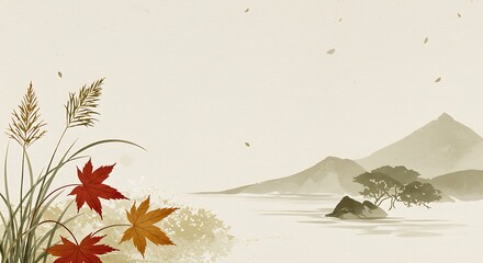 Autumnal landscape painting with vibrant foliage and serene water.