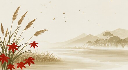 Peaceful autumnal landscape with red maple leaves and tall grasses.