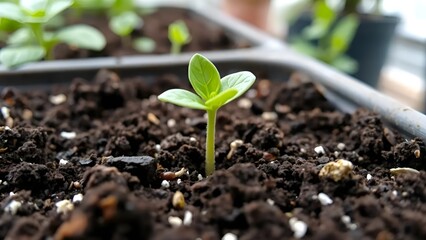 Young Green Seedling Growing in Soil Tray Indoors with Natural Light
