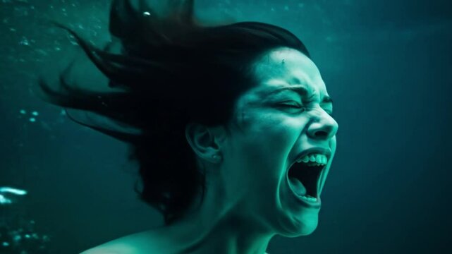 Screaming Woman Underwater in Dark Water with Bubbles