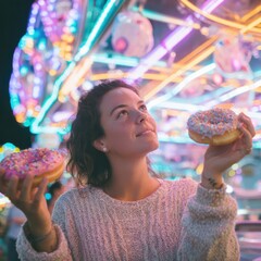 Young woman enjoying colorful donuts under vibrant lights at a funfair, captured in a joyful moment amidst a festive atmosphere and sweet indulgence