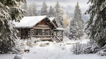 A cozy wooden house nestled in a snowy winter forest landscape
