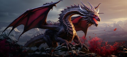 A haunted gothic dragon lotus perched on a wind-swept hill,ai generative