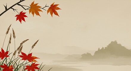 Autumnal scene with maple leaves and grasses.