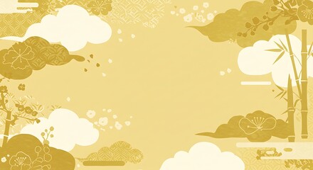 Gold japanese floral and bamboo design background.