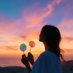 Young woman enjoying colorful lollipops at sunset, surrounded by serene landscape and soft pastel sky, embodying joy and playfulness in a tranquil moment